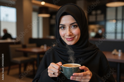 young Saudi Muslim woman in black abaya niqab drinking coffee in retaurant