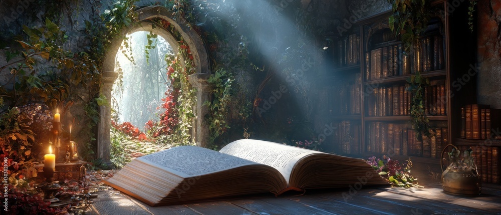 Enchanted library with an open book, sunlight streaming through a mystical archway