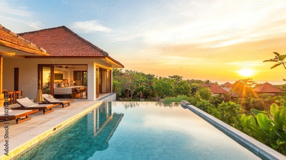 Fototapeta premium Luxury Villa Pool at Sunset with Beautiful Tropical View