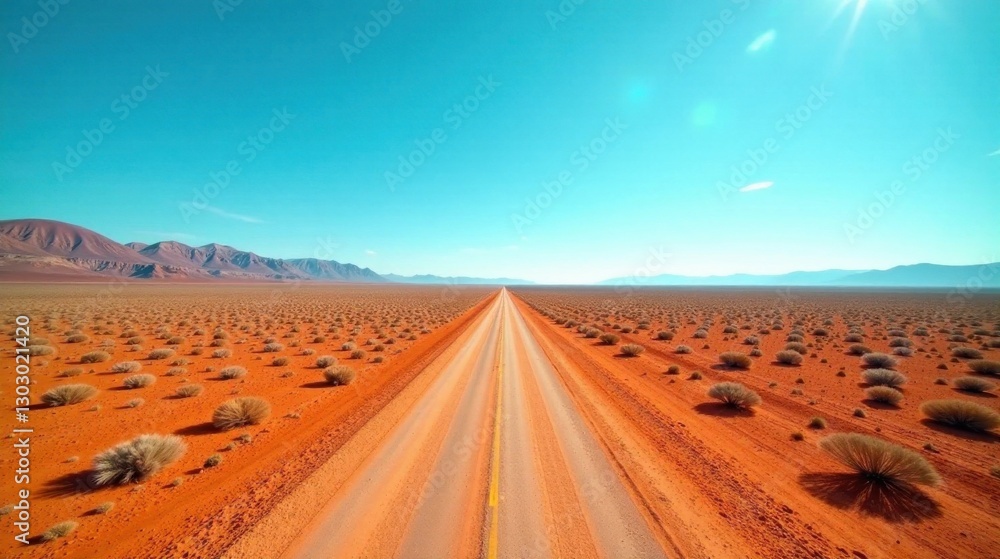 Endless Desert Highway A Scenic Drive Through Vivid Red Sands and Under a Clear Azure Sky Endless Desert Highway A Scenic Drive Through Vivid Red Sands and Under a Clear Azure Sky