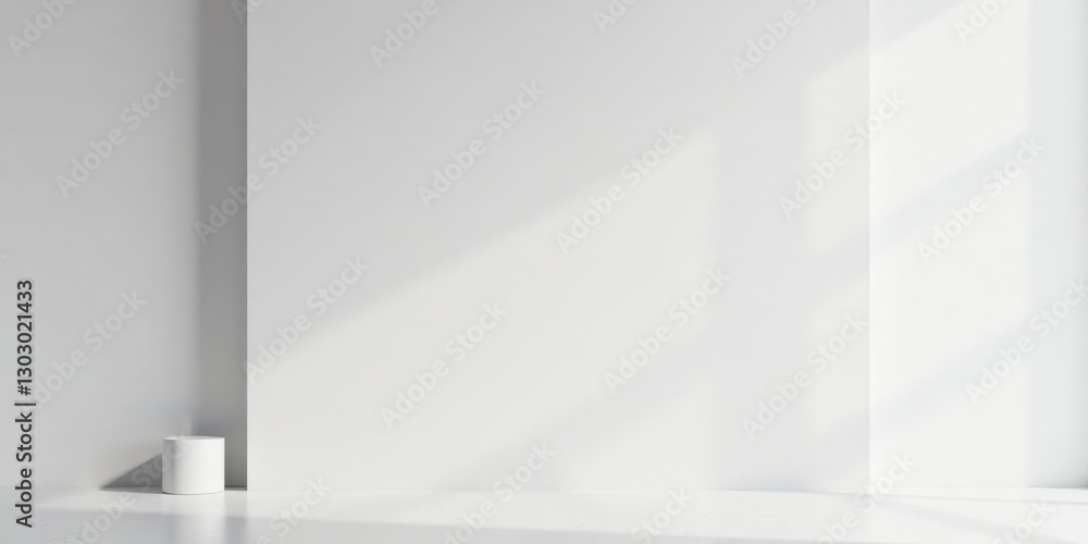 Minimalist White Room Interior with Cylindrical Display Stand and Sunlight Shadows Minimalist White Room Interior with Cylindrical Display Stand and Sunlight Shadows