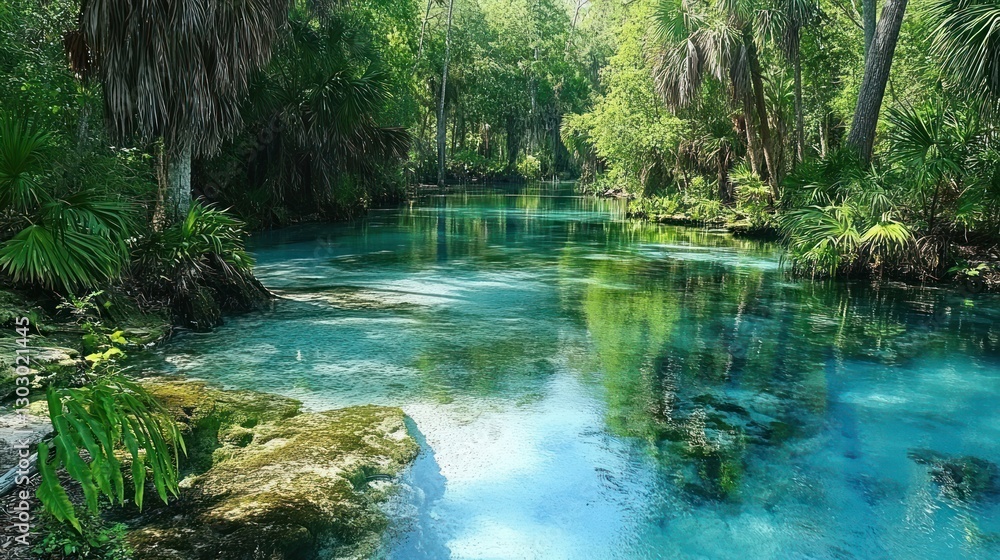 Naklejka premium Crystal Clear River Flowing Through a Lush Green Forest Landscape