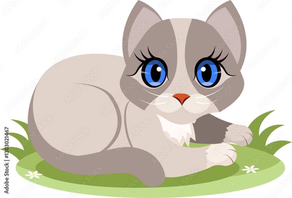 Fototapeta premium Cute animals. Vector cats. A gray kitten is lying on the grass. Vector animals collection. Children flat vector illustrations.