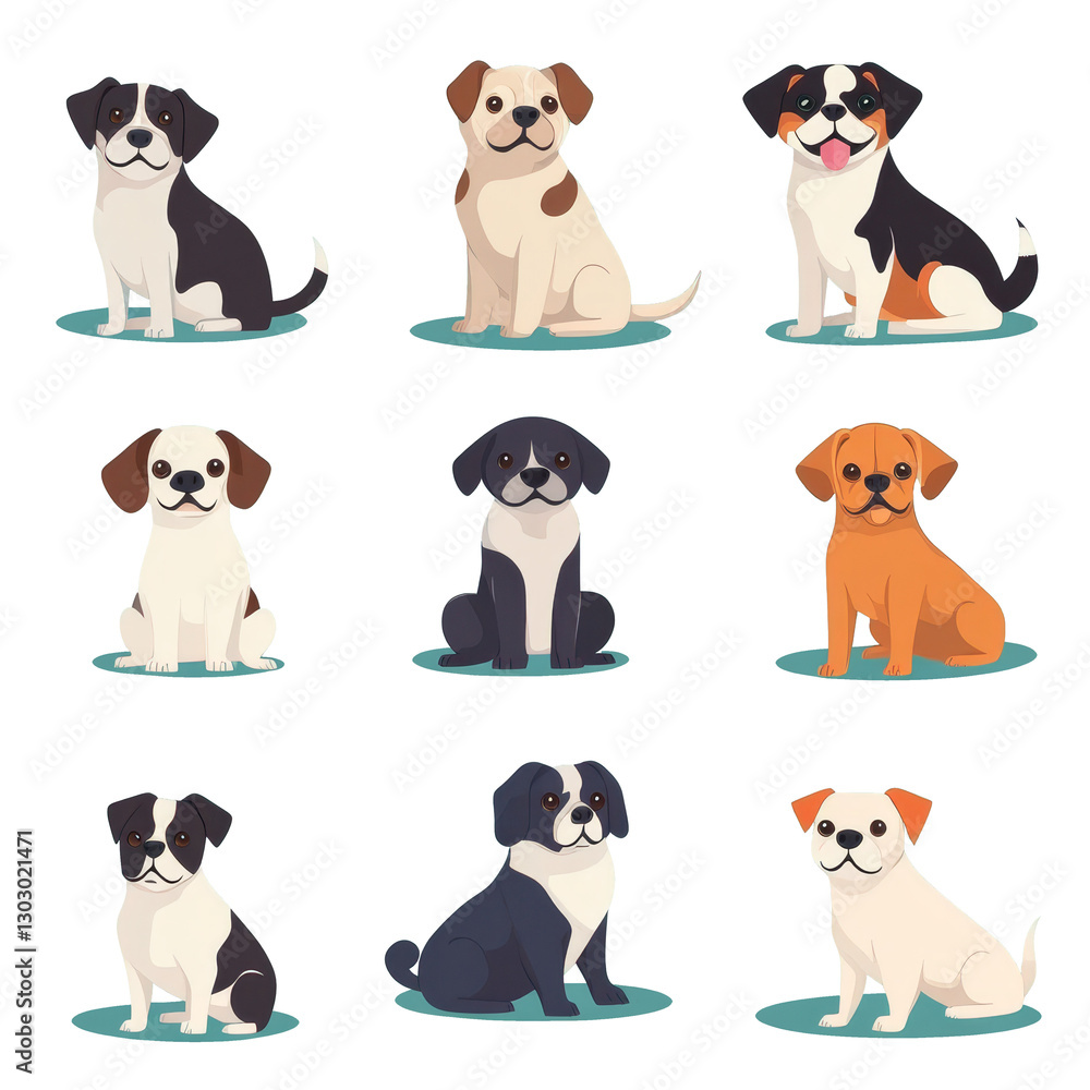 Obraz premium Nine dogs of different breeds and colors sitting in a row. Vector art style. Transparent background