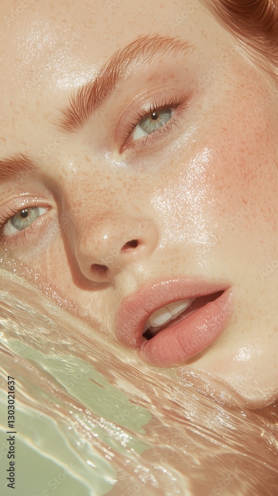 Fototapeta premium Close-up of a young woman with freckles and light green eyes enjoying water in a serene outdoor setting during the afternoon light