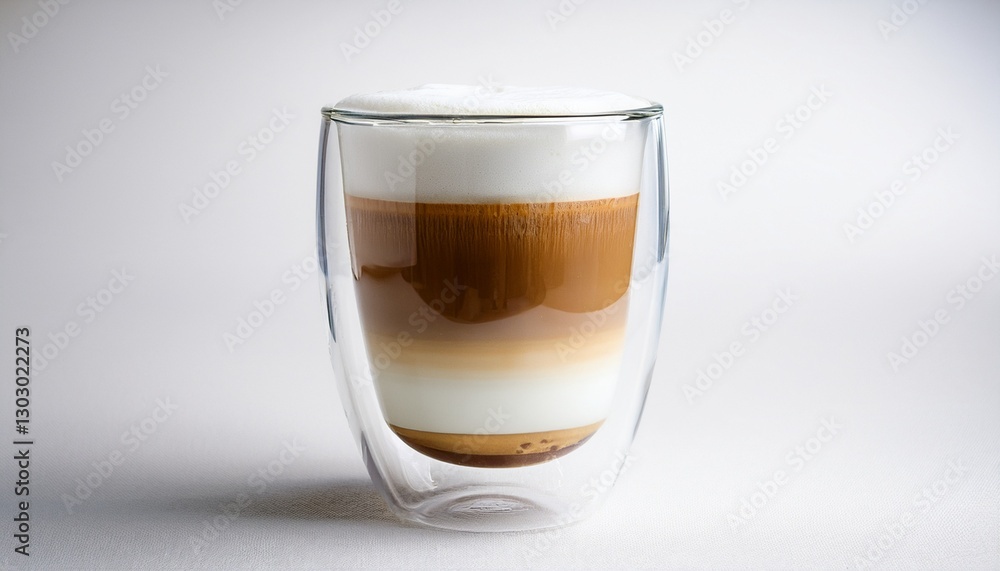 a latte macchiato shot in a modern double wall glass shot from a frontal side view in a white background a latte macchiato shot in a modern double wall glass shot from a frontal side view in a white background