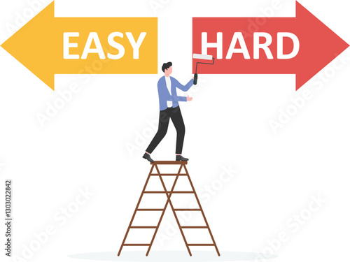 Business men and women choose between hard and easy way. Crossroad with different path. People making decision to solve problem.

