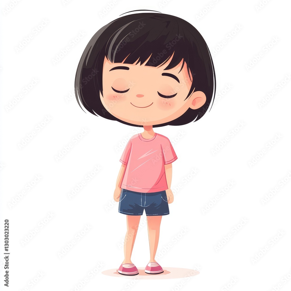 short hair, eyes closed, wearing a pink shirt and blue shorts, smiling, full body short hair, eyes closed, wearing a pink shirt and blue shorts, smiling, full body