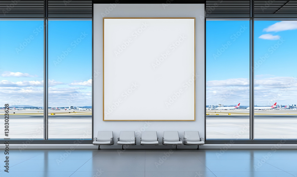 Fototapeta premium Modern Airport Waiting Area with Blank Frame and Sunny Skies