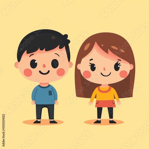  Use simplified shapes with clean lines and a muted color palette. The characters should have exaggerated proportions, such as large heads,