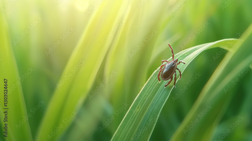 Fototapeta premium Close-up of a tick on a leaf in a green forest, representing the risk of tick-borne diseases and outdoor health hazards in nature.