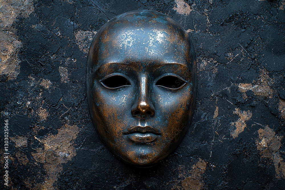 Rustic metallic mask on textured stone background: mysterious art with vintage charm Rustic metallic mask on textured stone background: mysterious art with vintage charm
