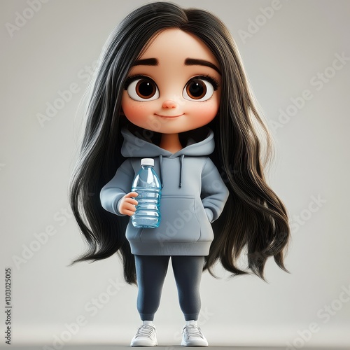 girl cartoon standing and holding water bottle in her hand
