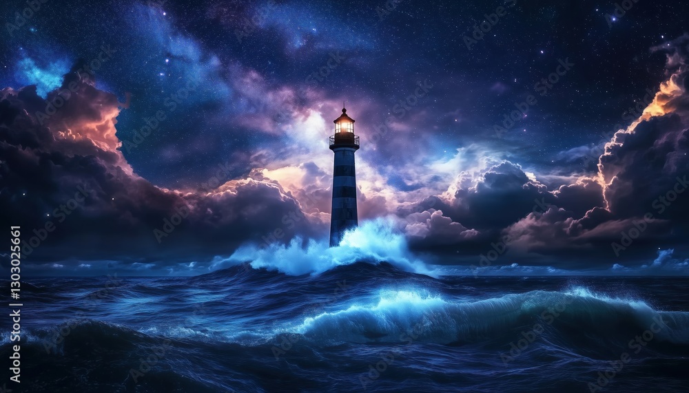 Fototapeta premium Leader And Vision In A Stormy Lighthouse: Landscape Featuring The Milky Way And A Dramatic Sky In The Background.