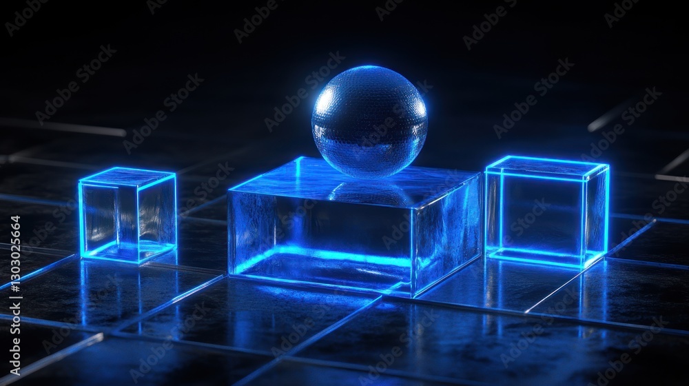 Fototapeta premium Abstract Neon Glowing Cubes and Sphere on Dark Reflective Background