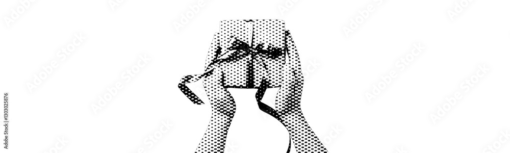 Fototapeta premium two female hands holding wrapped gift box with ribbon bow isolated on white background retro halftone grunge dotted cut-out collage element for mixed media holiday festive greeting cards design