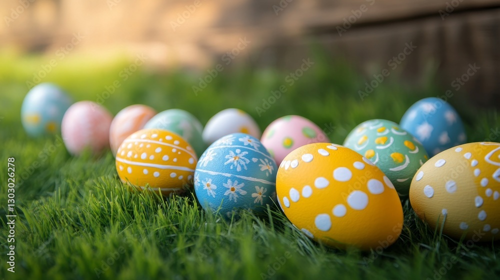 Colorful painted easter eggs arranged on a rustic wooden surface with vibrant green grass meadow background, celebrating happy easter on a bright spring day with copy space for seasonal holiday design Colorful painted easter eggs arranged on a rustic wooden surface with vibrant green grass meadow background, celebrating happy easter on a bright spring day with copy space for seasonal holiday design