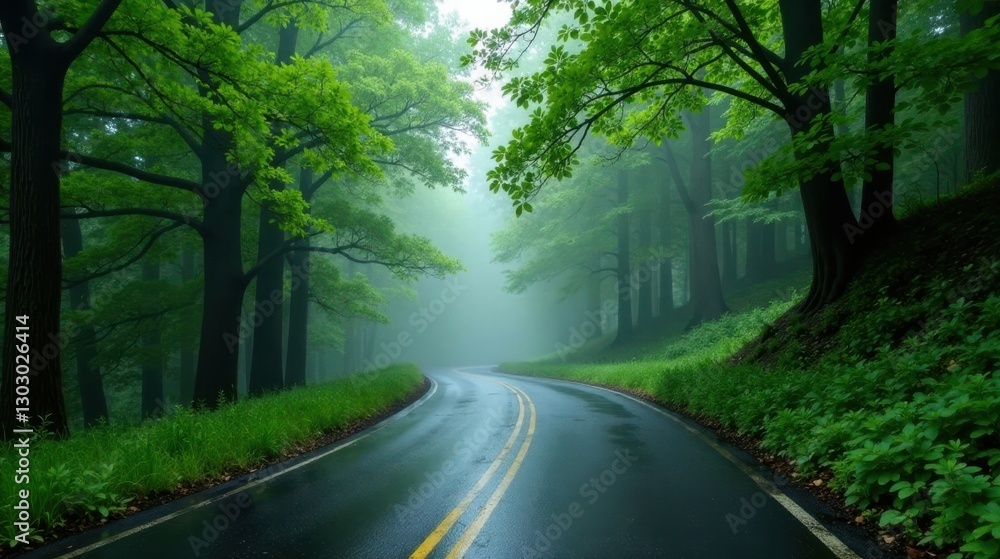 Fototapeta premium Misty Road Winding Through Lush Green Forest Canopy