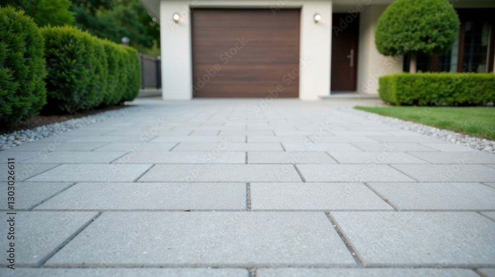 Fototapeta premium A paved pathway leading to a modern home with a closed garage door, flanked by neatly trimmed hedges and lush green lawn
