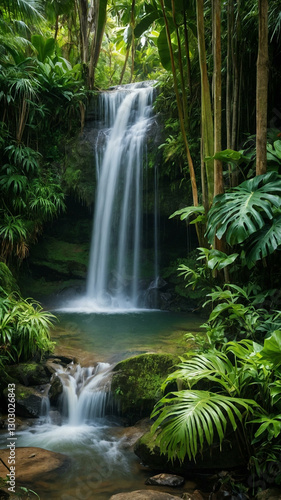 Tropical waterfall surrounded by lush green foliage.