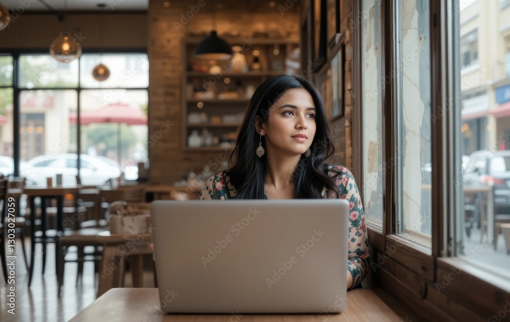 Elegant woman working with a laptop in a cozy cafe setting by the window Elegant woman working with a laptop in a cozy cafe setting by the window