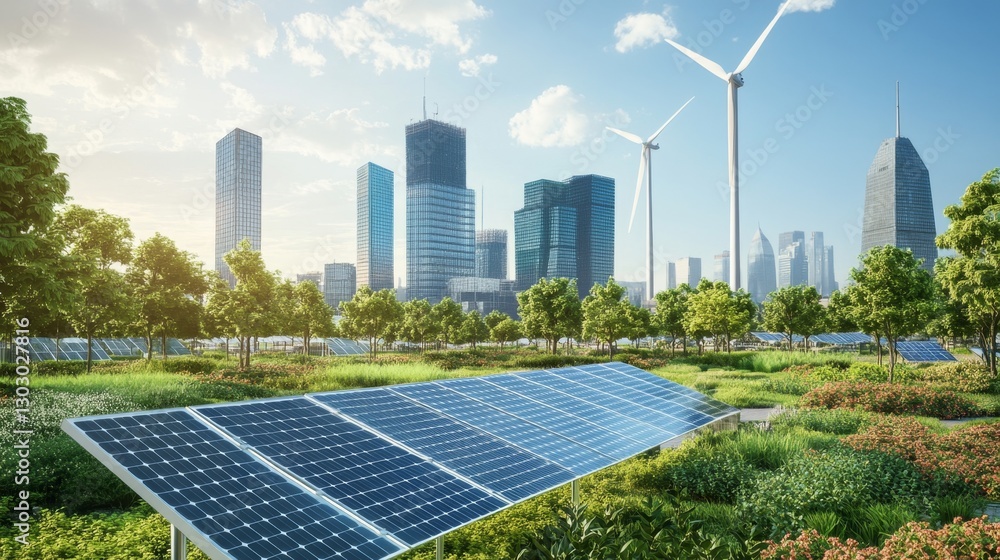 Fototapeta premium Green energy solutions: solar panels and wind turbines in a futuristic eco-friendly city, sunny day