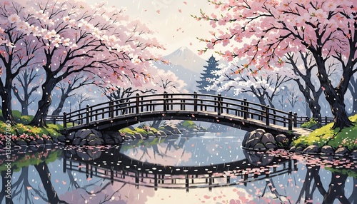 Arched wooden bridge with cherry blossoms over a tranquil river