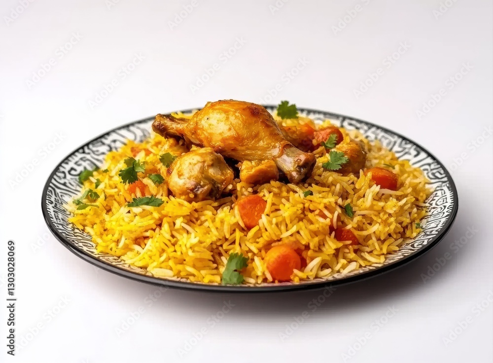 Fototapeta premium Fragrant chicken biryani featuring roasted legs, basmati rice, carrots, herbs on elegant plate against pristine white background