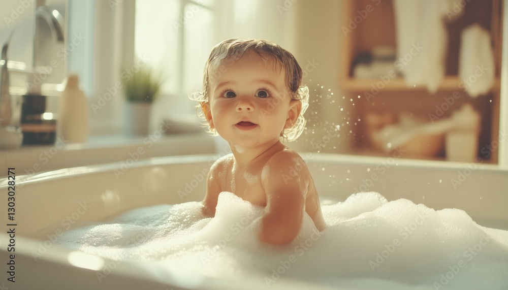 Mother Bathes Adorable Baby Boy, Playing With Soap Foam And Bath Toys In A Sunny White Bathroom. Hair And Skin Care Routine For Young Children. Mother Bathes Adorable Baby Boy, Playing With Soap Foam And Bath Toys In A Sunny White Bathroom. Hair And Skin Care Routine For Young Children.