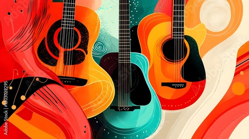 Modern bohemian flat illustration for International Guitars Month, featuring artistic depictions of classic and modern guitars intertwined with swirling abstract forms, symbolizing the flow of music