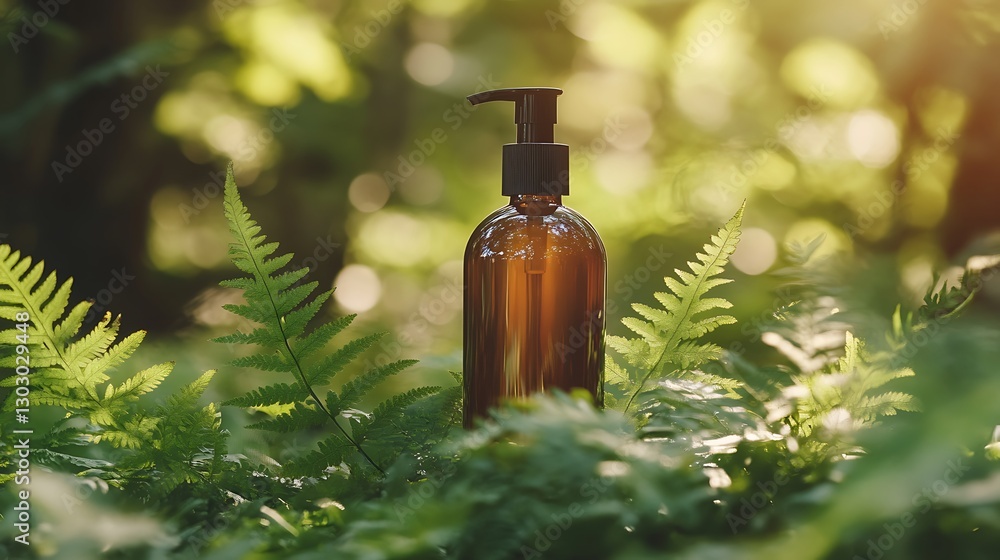 Amber Bottle of Organic Soap in a Lush Forest Setting Amber Bottle of Organic Soap in a Lush Forest Setting