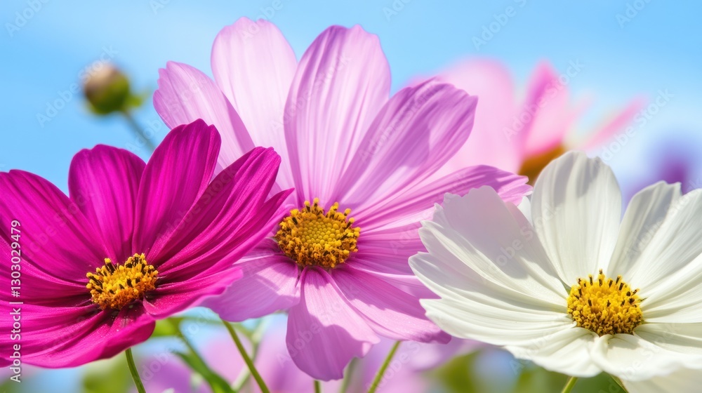 Cosmos Flowers Blooming in Various Colors Against a Clear Blue Sky Cosmos Flowers Blooming in Various Colors Against a Clear Blue Sky