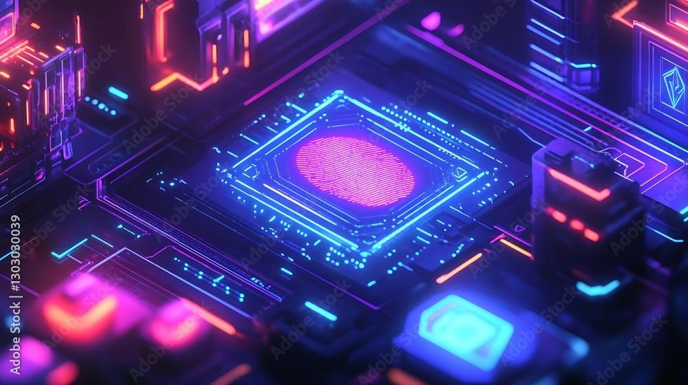 Fototapeta premium Cybernetic Brain: A Digital Neural Network in Neon Hues