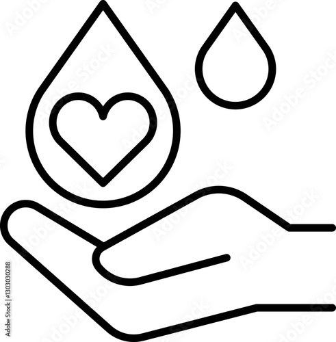 Heart in hand with water drops line icon