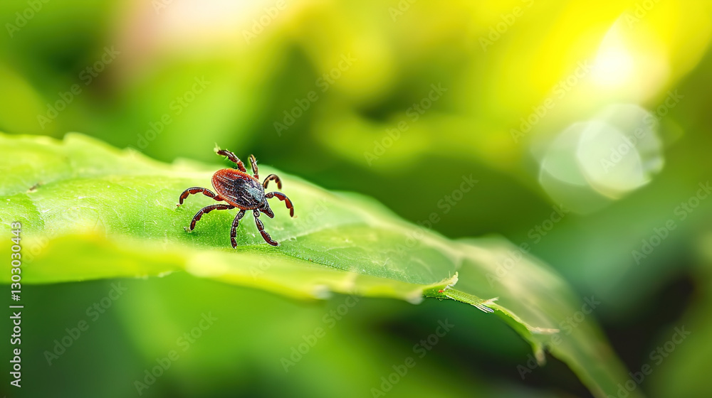 Close-up of a tick on a leaf in a green forest, representing the risk of tick-borne diseases and outdoor health hazards in nature. Close-up of a tick on a leaf in a green forest, representing the risk of tick-borne diseases and outdoor health hazards in nature.