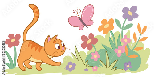 playful orange cat chasing pink butterfly in colorful garden full of flowers and greenery