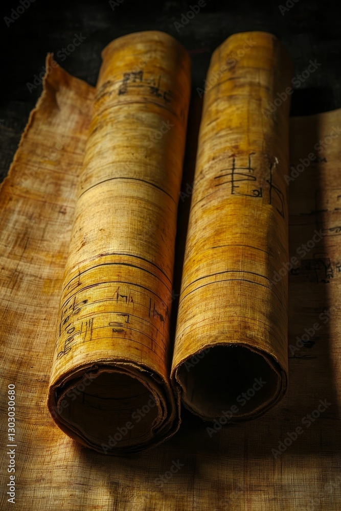 Ancient scrolls displaying musical notation from the past. Ancient scrolls displaying musical notation from the past.