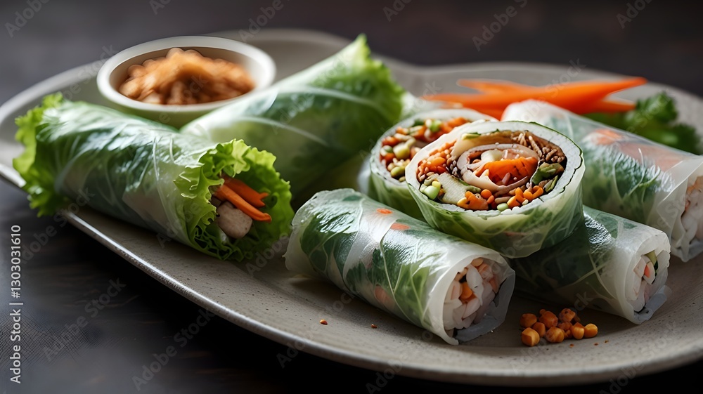 Traditional Vietnamese beef spring rolls with peanut dipping sauce Traditional Vietnamese beef spring rolls with peanut dipping sauce