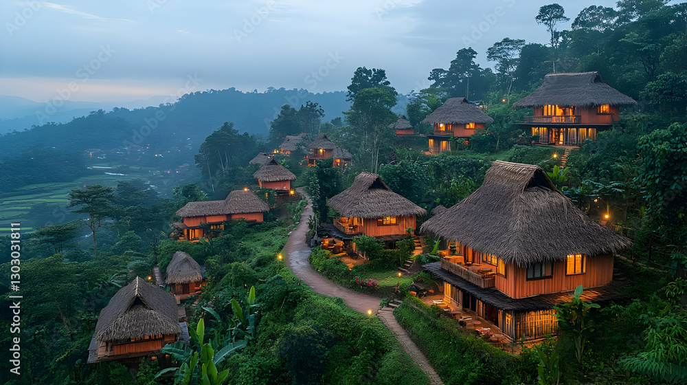 Obraz premium Elevated View Of Rustic Mountain Resort Cabins At Dusk