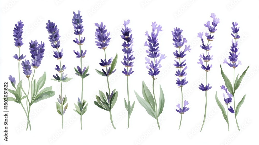 Naklejka premium Watercolor lavender stems on white background featuring purple blooms and green leaves