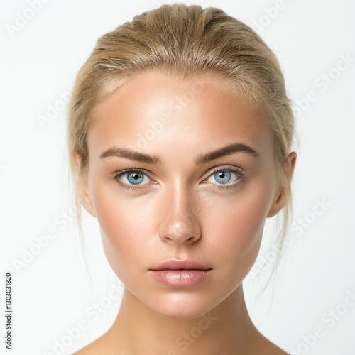 head of a beautiful young blonde woman in front of a white background