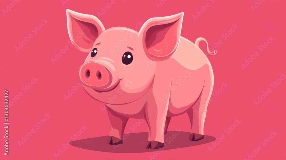 Charming cartoon piglet on pink background with curled tail and big eyes Charming cartoon piglet on pink background with curled tail and big eyes