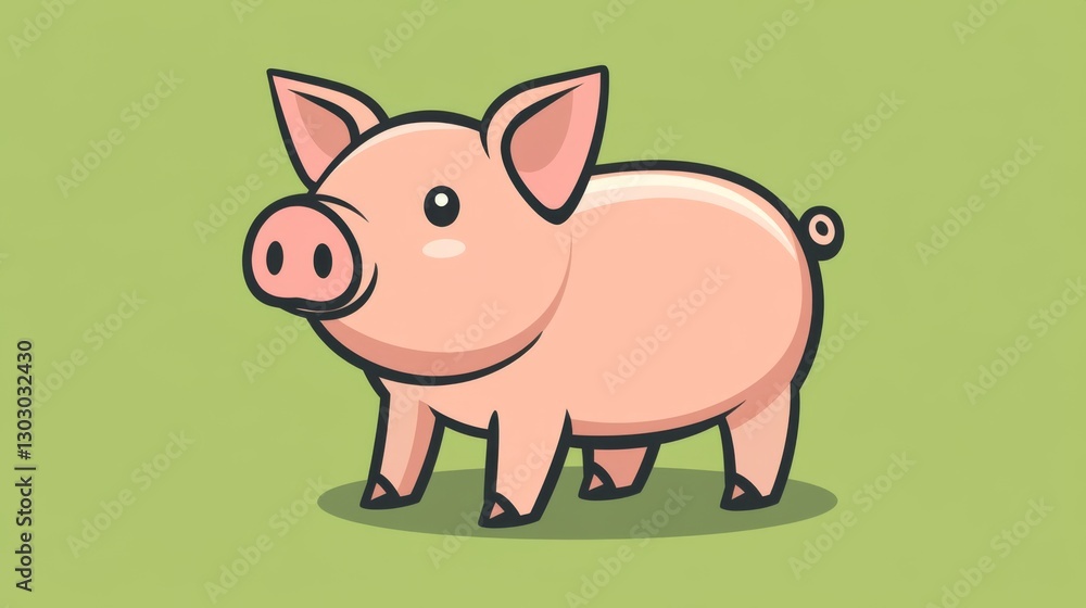 Cartoon illustration of a cute pink pig on a green background Cartoon illustration of a cute pink pig on a green background