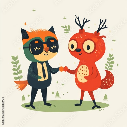 multiple mascots, trying to collaborate with eachother, vector on white background