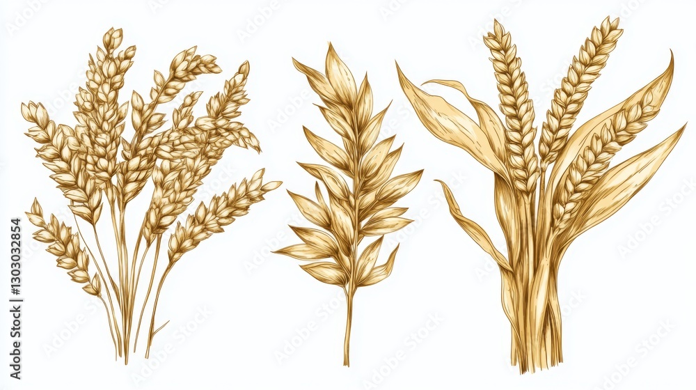 Fototapeta premium Vintage botanical illustration of wheat and barley stalks with detailed golden sketch
