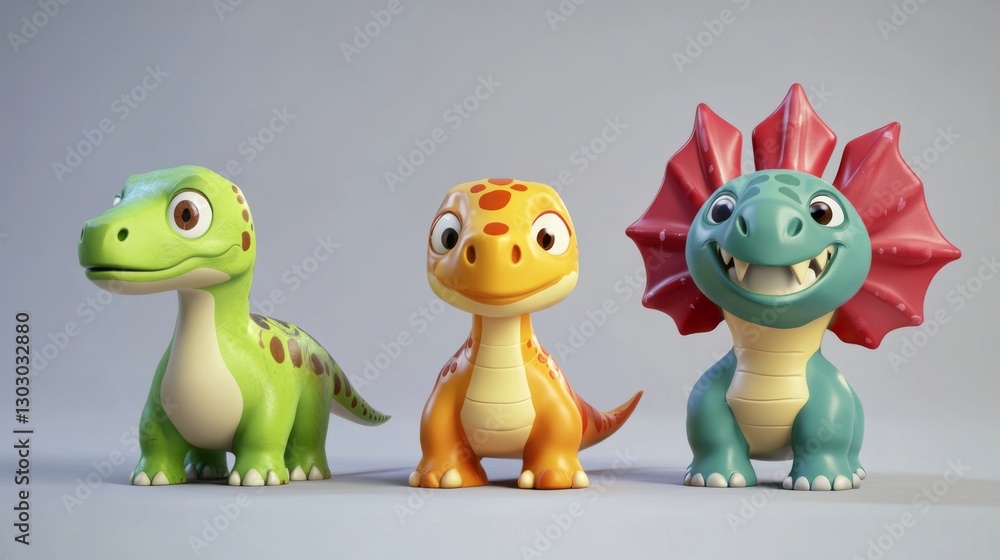 Fototapeta premium Three colorful cartoon dinosaurs with playful expressions standing in a row