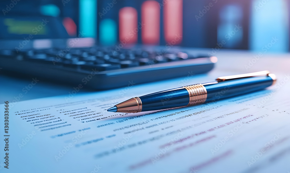 Business Documents with Calculator and Pen on Modern Desk Surface Business Documents with Calculator and Pen on Modern Desk Surface