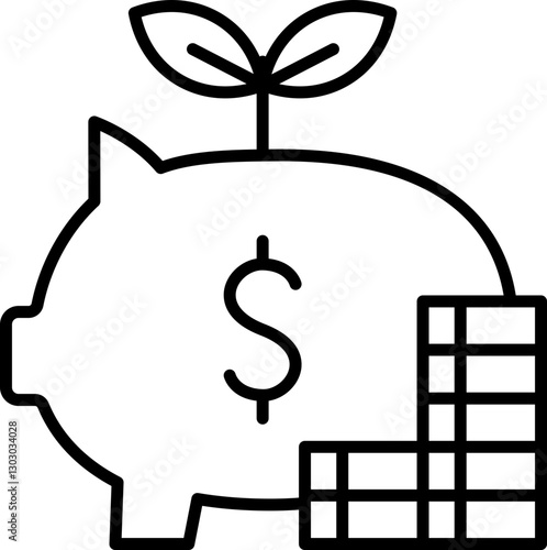 Piggy bank with plant symbolizing savings growth line icon