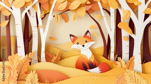 Paper art style of autumn landscape with happy fox sitting in a forest vector