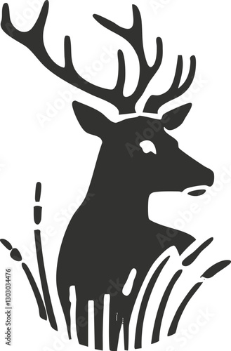 Silhouette of a deer with antlers surrounded by grass design.